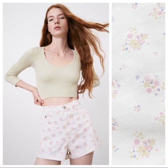 Zara Women's White and Cream Floral High Waisted Denim Shorts - Picture 2 of 5